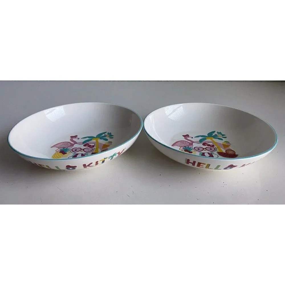 Set Of 2 Sanrio Hello Kitty Beach Summer Tropical Ceramic Pasta Dinner Bowls NEW